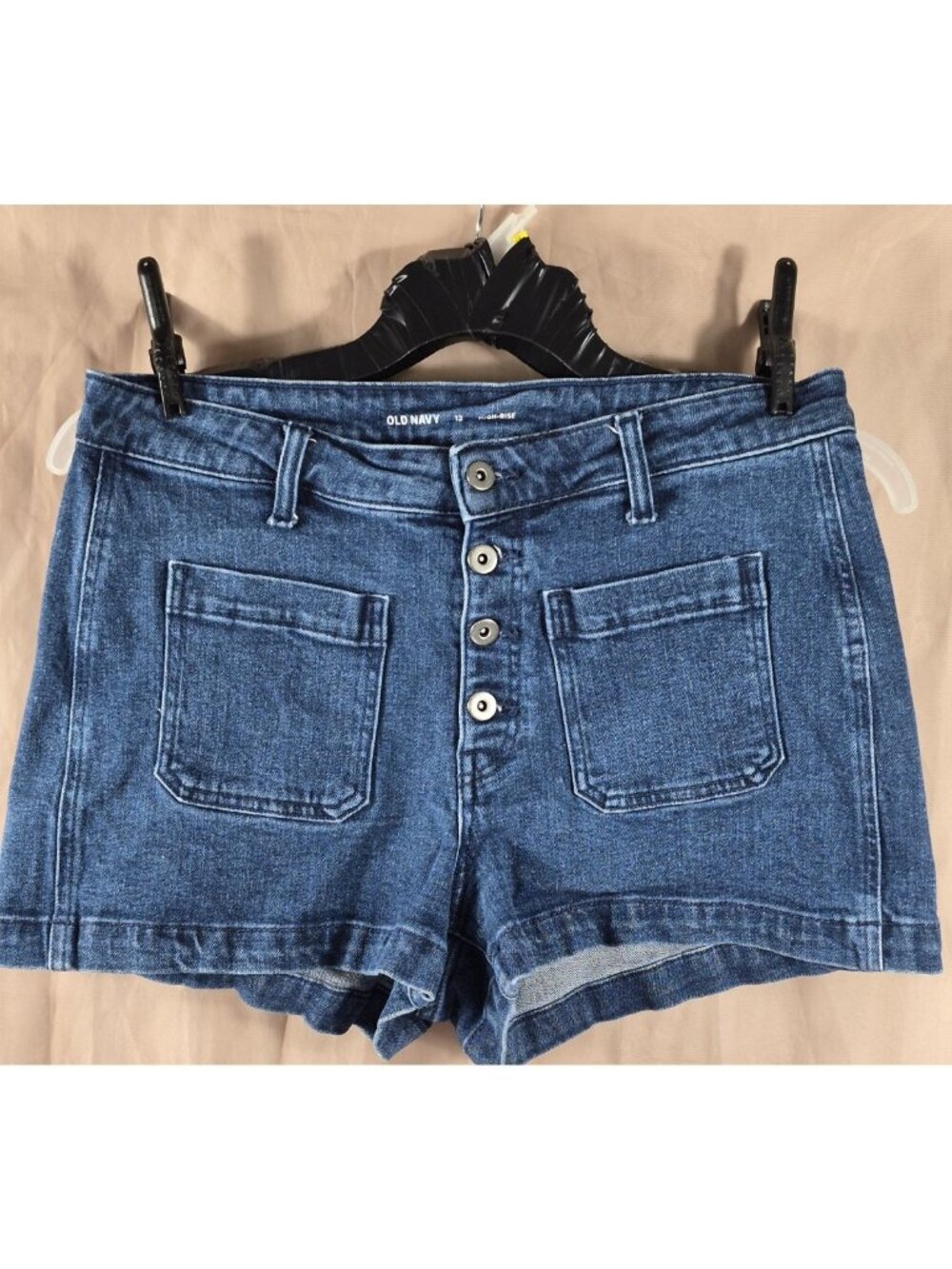 Old Navy Women's Blue High-Rise Buttons Patch Pockets Jean Shorts Size 12